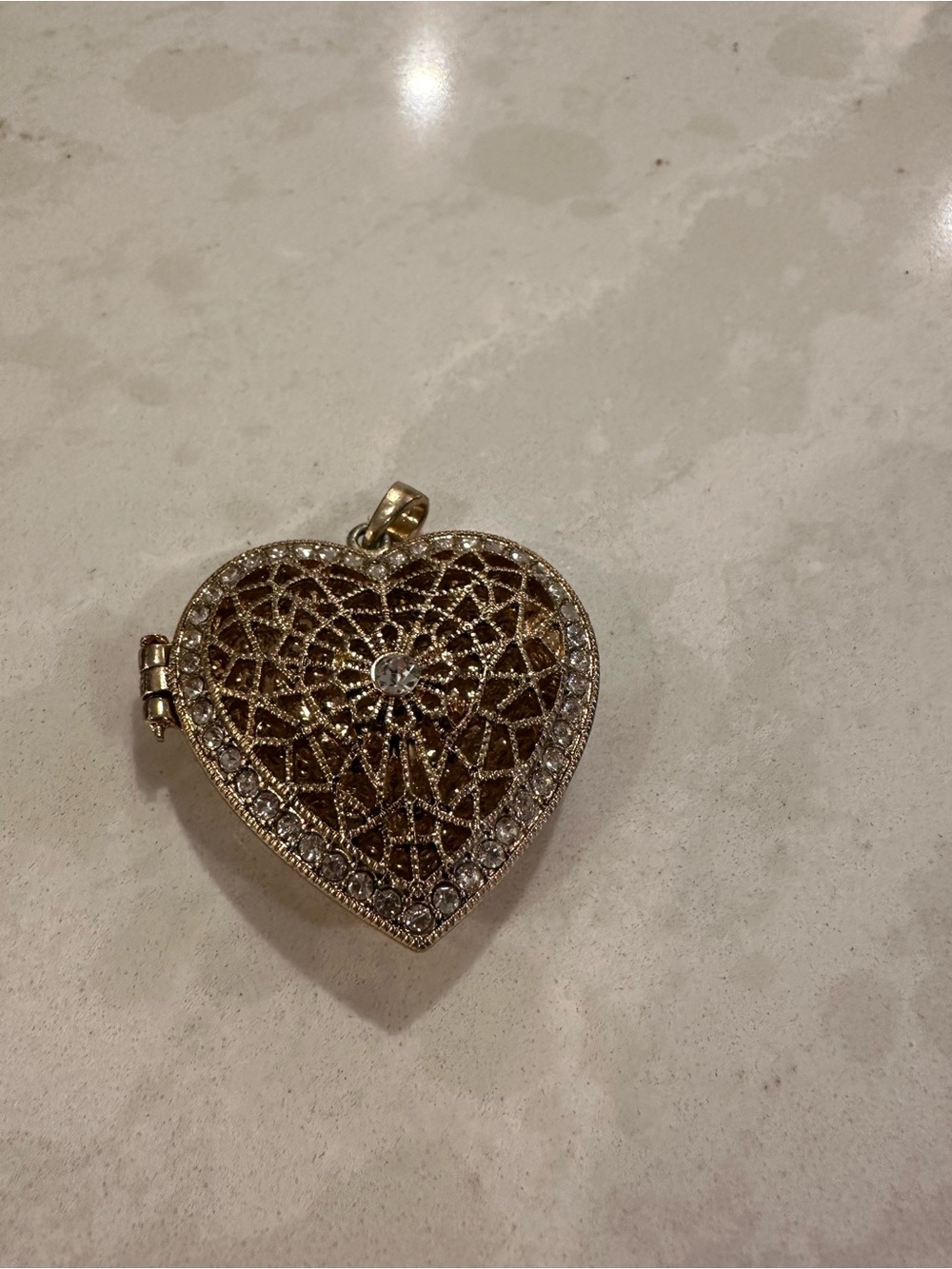 Gold Heart Filigree Pendant Necklace with Clear Crystal Accents